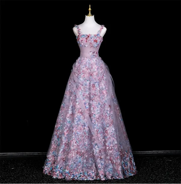 Flower Fairy Multi-Colors Appliques Rhinestone Prom Dresses 2025 A-Line / Princess Spaghetti Straps Sleeveless Backless Floor-Length / Long Formal Dresses