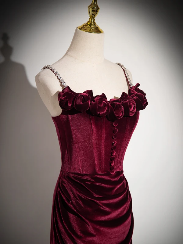 Charming Burgundy Velvet Flower Evening Dresses 2024 Trumpet / Mermaid Spaghetti Straps Sleeveless Backless Sweep Train Evening Party Formal Dresses