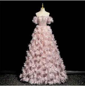 Blomsterfe Rødmende Rosa Håndlaget Beading Perle Rhinestone Appliques Ballkjoler 2025 Ballkjole Av Skulderen Korte Ermer Ryggløse Lange Formelle Kjoler