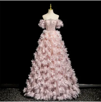 Fée Des Fleurs Rougissant Rose Fait Main Perlage Perle Faux Diamant Appliques Robe De Bal 2025 Robe Boule De L Épaule Manches Courtes Dos Nu Longue Robe De Ceremonie