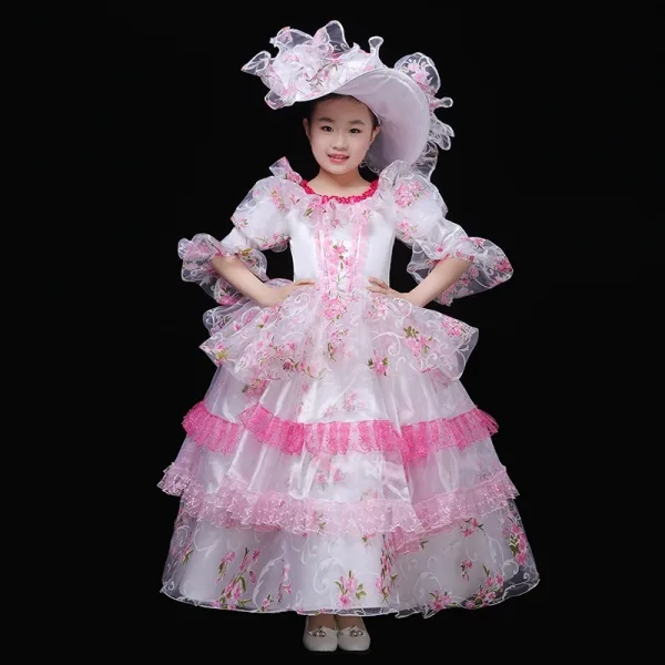 Vintage / Retro Medieval Blushing Pink Flower Girl Dresses 2024 3D Lace Printing Floral Floor-Length / Long Lace Scoop Neck 1/2 Sleeves Cosplay Prom Ball Gown Wedding Party Dresses