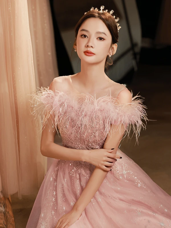 Chic / Belle Rougissant Rose Perlage Paillettes Robe De Soirée 2023 Princesse Encolure Dégagée Gland Sans Manches Longue Soirée Robe De Ceremonie