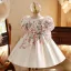 Fancy White Appliques Short Flower Girl Dresses 2026 Ball Gown Birthday Scoop Neck Puffy Short Sleeve Backless Bow