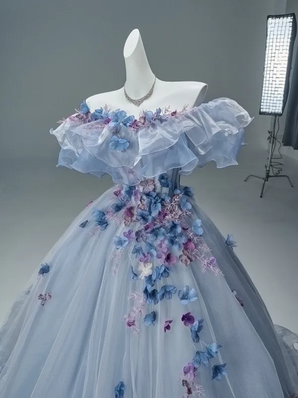 Elegant Sky Blue Appliques Prom Dresses 2026 Ball Gown Off-The-Shoulder Short Sleeve Backless Floor-Length / Long Formal Dresses