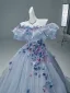 Elegant Sky Blue Appliques Prom Dresses 2026 Ball Gown Off-The-Shoulder Short Sleeve Backless Floor-Length / Long Formal Dresses