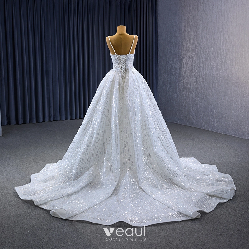 chinese dress ladies V-Neck Spaghetti Straps Mermaid Wedding Dress with Train Sleeveless Lace Bridal Dress Ivory / US4 main image 0