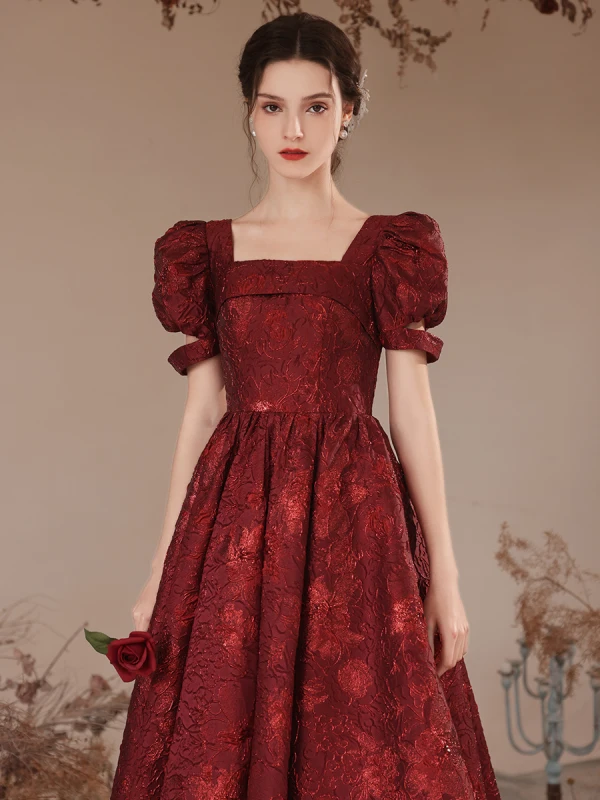 Chic / Beautiful Burgundy Prom Dresses 2023 A-Line / Princess Square Neckline Puffy Short Sleeve Backless Floor-Length / Long Prom Formal Dresses