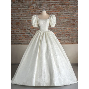 Vintage Retro Ivory Wedding Dresses 2023 Ball Gown Square Neckline Pearl Puffy Short Sleeve Backless Floor Length Long Wedding