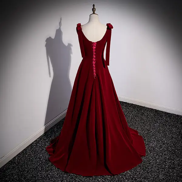 Chic / Beautiful Burgundy Suede Prom Dresses 2022 A-Line / Princess Square Neckline Sleeveless Backless Rhinestone Floor-Length / Long Prom Formal Dresses