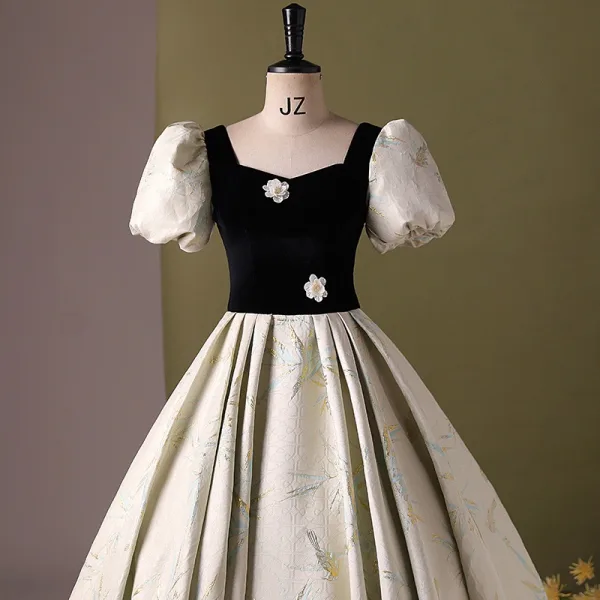Elegant Sage Green Appliques Printing Prom Dresses 2024 Ball Gown Square Neckline Puffy Short Sleeve Backless Floor-Length / Long Prom Formal Dresses