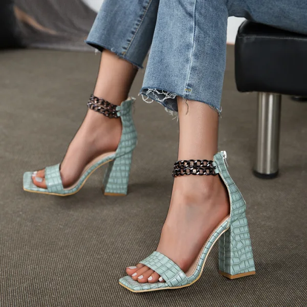 Sexy Braun Abend Sandalen Damen 2022 Metall Knöchelriemen 10 cm Thick Heels Peeptoes Sandaletten Hochhackige