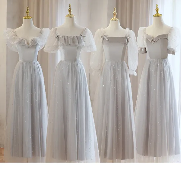 Modest / Simple Grey Bridesmaid Dresses 2023 A-Line / Princess Square Neckline Short Sleeve Backless Tea-length Bridesmaid Dresses