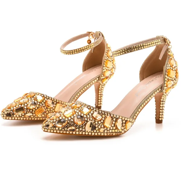 Charmant Doré Soirée Cristal Sandales Femme 2023 Bride Cheville Faux Diamant 5 cm Talons Aiguilles À Bout Pointu Sandales Talons Hauts