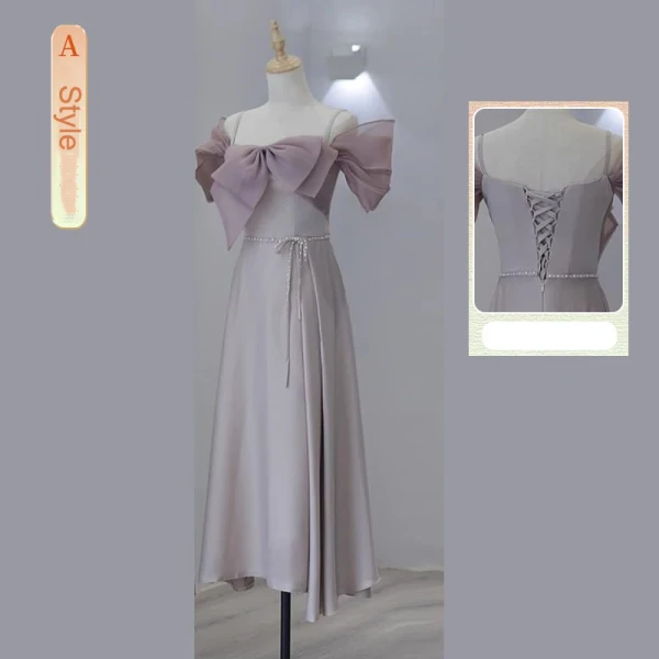 Modest / Simple Blushing Pink Satin Bridesmaid Dresses 2023 A-Line / Princess Off-The-Shoulder Sleeveless Backless Pearl Bow Sash Tea-length Bridesmaid Dresses