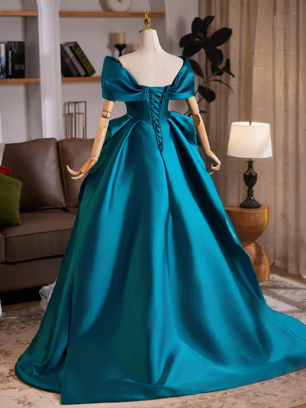 Vintage / Retro Ink Blue Satin Prom Dresses 2025 Ball Gown Off-The-Shoulder Short Sleeve Backless Sweep Train Formal Dresses