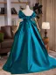 Vintage / Retro Ink Blue Satin Prom Dresses 2025 Ball Gown Off-The-Shoulder Short Sleeve Backless Sweep Train Formal Dresses