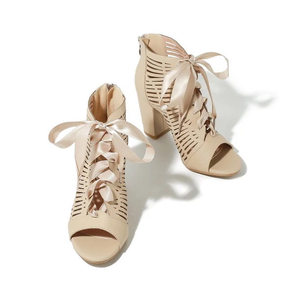 Romain Beige Vêtement de rue Percé Sandales Femme 2023 8 cm Talons Épais Peep Toes / Bout Ouvert Sandales Talons Hauts