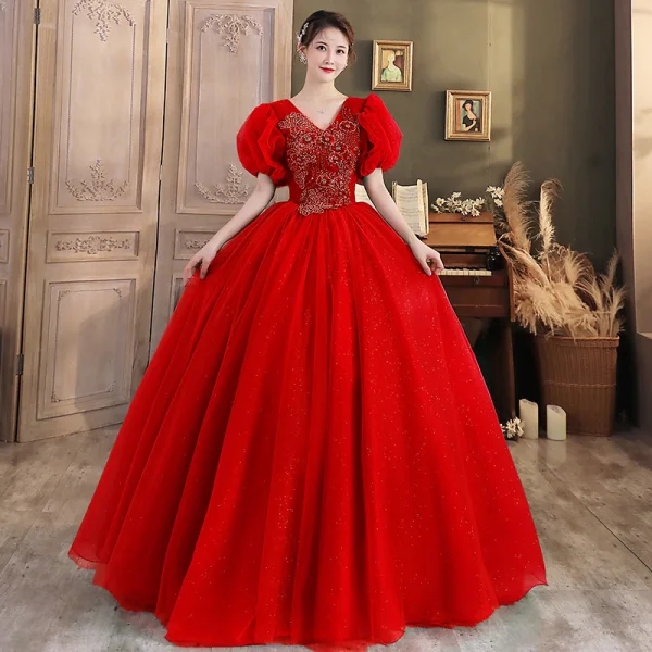 Vintage / Retro Dark Green Beading Glitter Prom Dresses 2024 Ball Gown V-Neck Puffy Short Sleeve Backless Floor-Length / Long Prom Formal Dresses