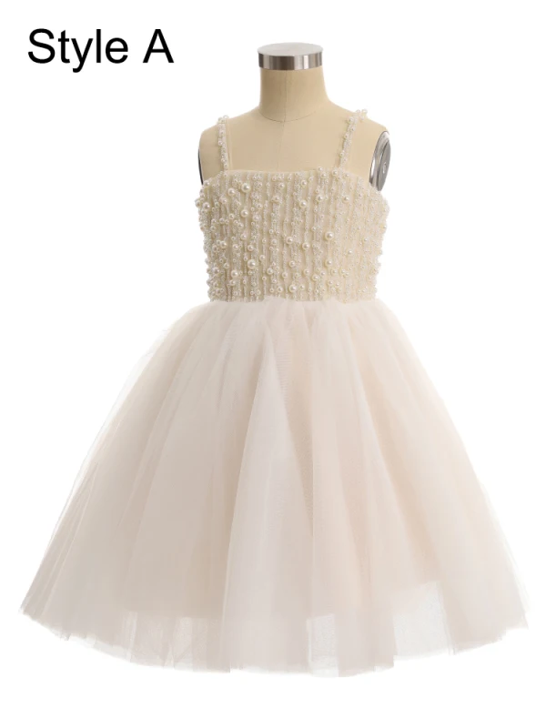 Chic / Beautiful White Beading Pearl Short Birthday Flower Girl Dresses 2024 Spaghetti Straps Sleeveless Backless