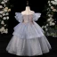 Chic / Beautiful Ocean Blue Glitter Beading Sequins Cascading Ruffles Birthday Flower Girl Dresses 2024 A-Line / Princess Scoop Neck Short Sleeve Floor-Length / Long Tulle