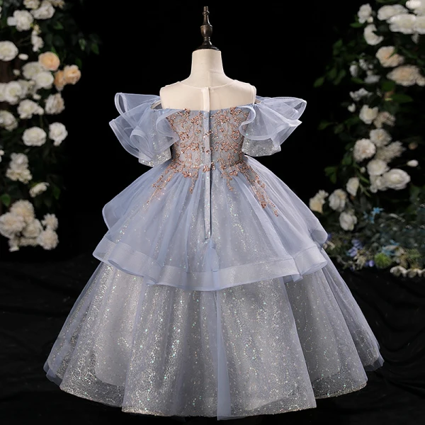 Chic / Beautiful Ocean Blue Glitter Beading Sequins Cascading Ruffles Birthday Flower Girl Dresses 2024 A-Line / Princess Scoop Neck Short Sleeve Floor-Length / Long Tulle
