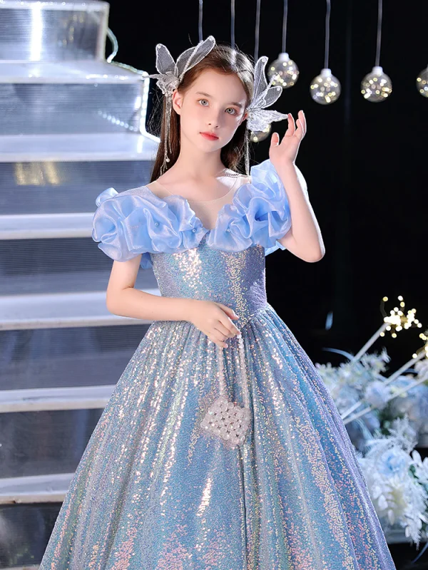 Sparkly Blushing Pink Pearl Sequins Birthday Flower Girl Dresses 2024 A-Line / Princess Scoop Neck Ruffle Short Sleeve Backless Floor-Length / Long