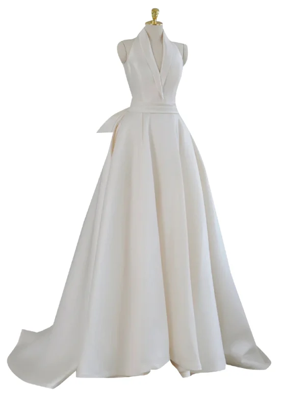 Fashion White Satin Evening Dresses 2023 A-Line / Princess Halter Sleeveless Backless Bow Sash Sweep Train Evening Party Formal Dresses