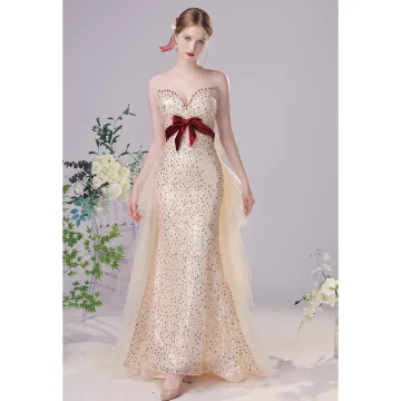 Sexy Champagne Paillettes Robe De Soirée 2023 Trompette Sirène Bustier Noeud Sans Manches Dos Nu Longue Soirée Robe De Ceremonie