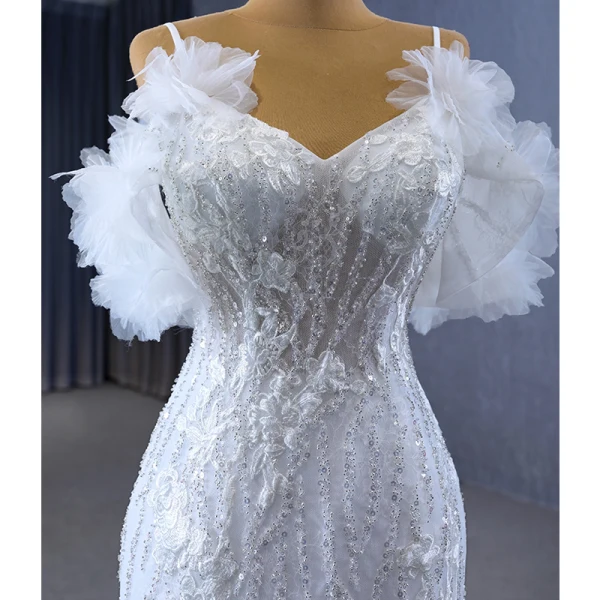 Haut de Gamme Sexy Blanche Volants en Cascade Paillettes En Dentelle Fleur Robe De Mariée 2023 Trompette / Sirène Bretelles Spaghetti Manches Courtes Dos Nu Mariage