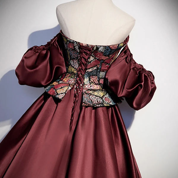 Vintage / Retro Burgundy Embroidered Formal Dresses 2022 Satin Off-The-Shoulder Puffy Short Sleeve Backless Floor-Length / Long Prom Dresses