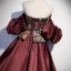 Vintage / Retro Burgundy Embroidered Formal Dresses 2022 Satin Off-The-Shoulder Puffy Short Sleeve Backless Floor-Length / Long Prom Dresses