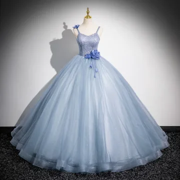 Elegant Sky Blue Pearl Appliques Prom Dresses 2024 Ball Gown Spaghetti Straps Sleeveless Backless Floor Length Long Prom Formal Dresses