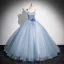 Elegant Sky Blue Pearl Appliques Prom Dresses 2024 Ball Gown Spaghetti Straps Sleeveless Backless Floor-Length / Long Prom Formal Dresses