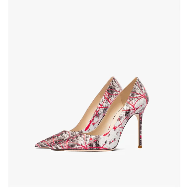 Mote Multi-Farger Lær Slangeskinn Print Aften Pumps 2023 10 cm Stiletthæler Spisse Pumps Høyhælte