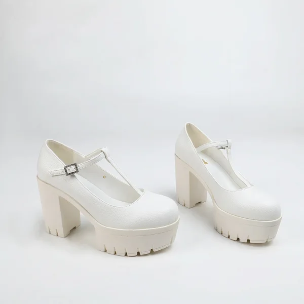 Fashion White Street Wear Waterproof Womens Shoes 2023 10 cm Thick Heels T-Strap Round Toe Womens Shoes
