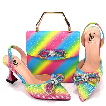 Sparkly Sexy Multi Colors Rainbow Rhinestone Bow Sequins Womens Sandals Clutch Bags 2023 Cocktail Party Evening Party Womens Sandals Clutch Bags