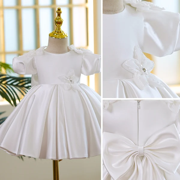 Audrey Hepburn Style Ivory Beading Appliques Birthday Flower Girl Dresses 2022 Ball Gown Satin Scoop Neck Puffy Short Sleeve Short Flower Girl Dresses