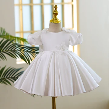 Audrey Hepburn Style Ivory Beading Appliques Birthday Flower Girl Dresses 2022 Ball Gown Satin Scoop Neck Puffy Short Sleeve Short Flower Girl Dresses