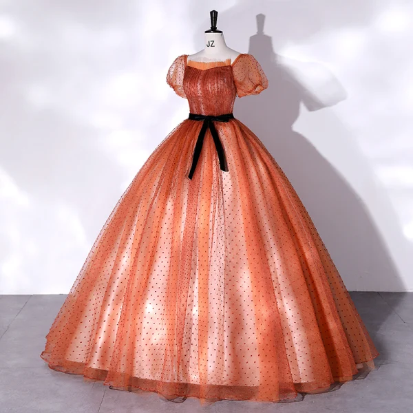 Elegante Orange Geflecktes Ballkleider 2022 Ballkleid Eckiger Ausschnitt Kurze Ärmel Rückenfreies Schleife Stoffgürtel Lange Festliche Kleider