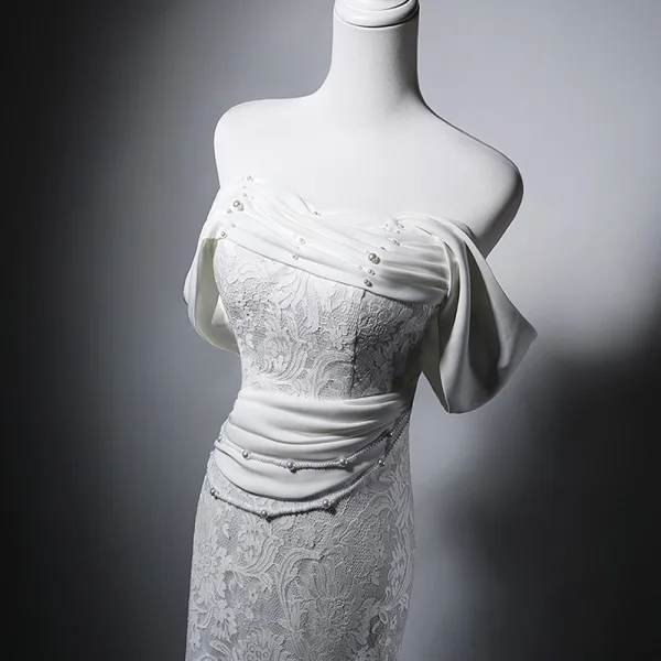 Sexy White Pearl Lace Flower Wedding Dresses 2025 Trumpet / Mermaid Off-The-Shoulder Short Sleeve Backless Sweep Train Wedding