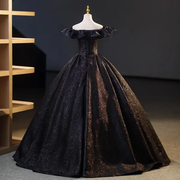 Elegant Black Rhinestone Tassel Prom Dresses 2023 Ball Gown Off-The-Shoulder Sleeveless Backless Floor-Length / Long Prom Formal Dresses