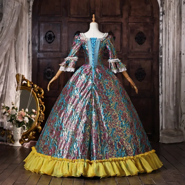Vintage / Retro Medieval Sky Blue Bow Printing Prom Dresses 2026 Ball Gown Square Neckline Bell sleeves Backless Floor-Length / Long Formal Dresses