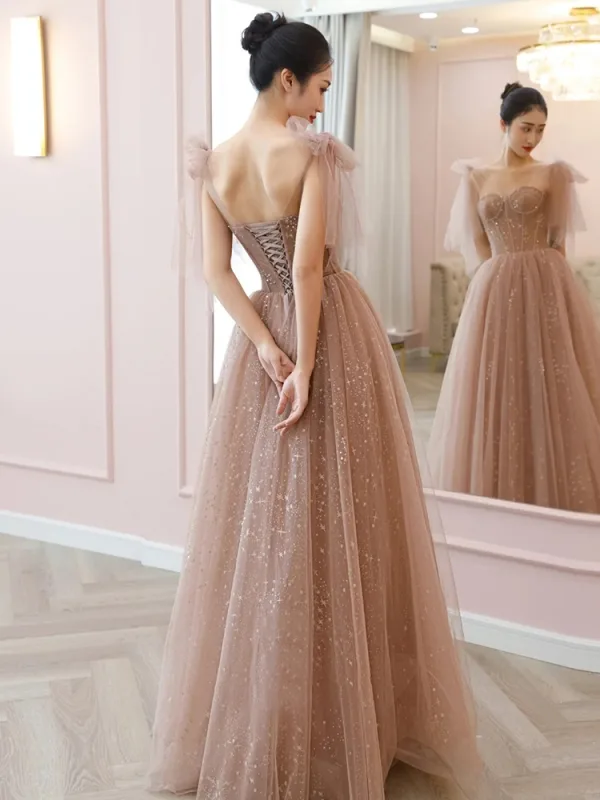 Chic / Beautiful Champagne Glitter Sequins Prom Dresses 2024 A-Line / Princess Scoop Neck Sleeveless Backless Floor-Length / Long Prom Formal Dresses