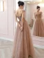 Chic / Beautiful Champagne Glitter Sequins Prom Dresses 2024 A-Line / Princess Scoop Neck Sleeveless Backless Floor-Length / Long Prom Formal Dresses