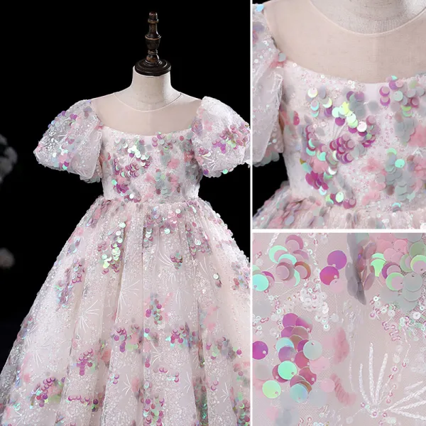 Chic / Beautiful Blushing Pink Prom Flower Girl Dresses Ball Gown 2022 Scoop Neck Beading Multi-Colors Sequins Puffy Short Sleeve Floor-Length / Long Flower Girl Dresses