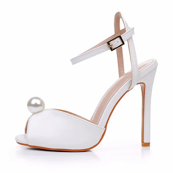 Proste / Simple Białe Perła Z Paskiem Buty Ślubne 2024 8 cm Szpilki Peep Toe Ślub Sandały Wysokie Obcasy