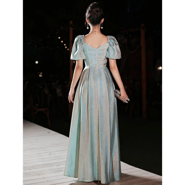 Fashion Sky Blue Glitter Sequins Prom Dresses 2022 A-Line / Princess Square Neckline Short Sleeve Backless Floor-Length / Long Prom Formal Dresses