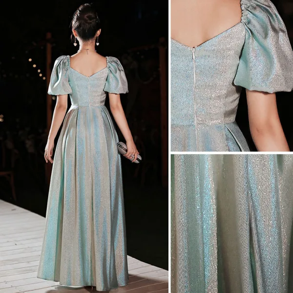 Fashion Sky Blue Glitter Sequins Prom Dresses 2022 A-Line / Princess Square Neckline Short Sleeve Backless Floor-Length / Long Prom Formal Dresses