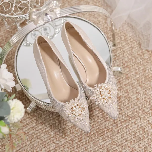 Charmant Champagne Perle Faux Diamant Chaussure De Mariée 2023 5 cm Talons Aiguilles À Bout Pointu Mariage Escarpins Talons Hauts