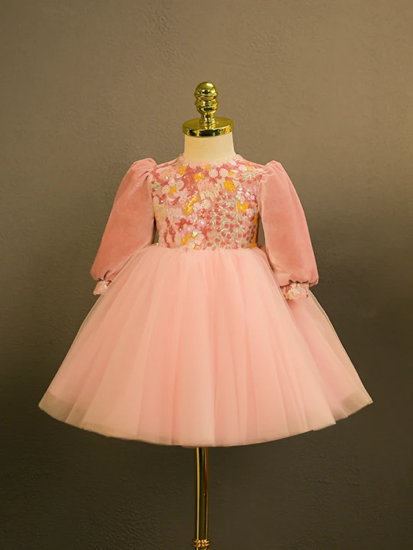 Lovely Candy Pink Sequins Short Birthday Flower Girl Dresses 2024 Ball Gown Scoop Neck Bow Short Sleeve
